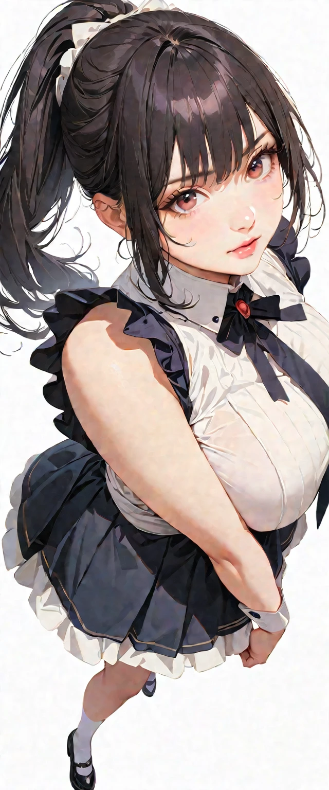 20 years old,1 mature woman,hyperrealistic, 8k, (extremely detailed 8k), (very delicate and beautiful), (masterpiece), (better quality:1.0), (ultra high resolution:1.0), (masterpiece, best quality),cute,black hair,big breasts,ponytail,POV,,full body,white background,realistic skin,looking at viewer,maid