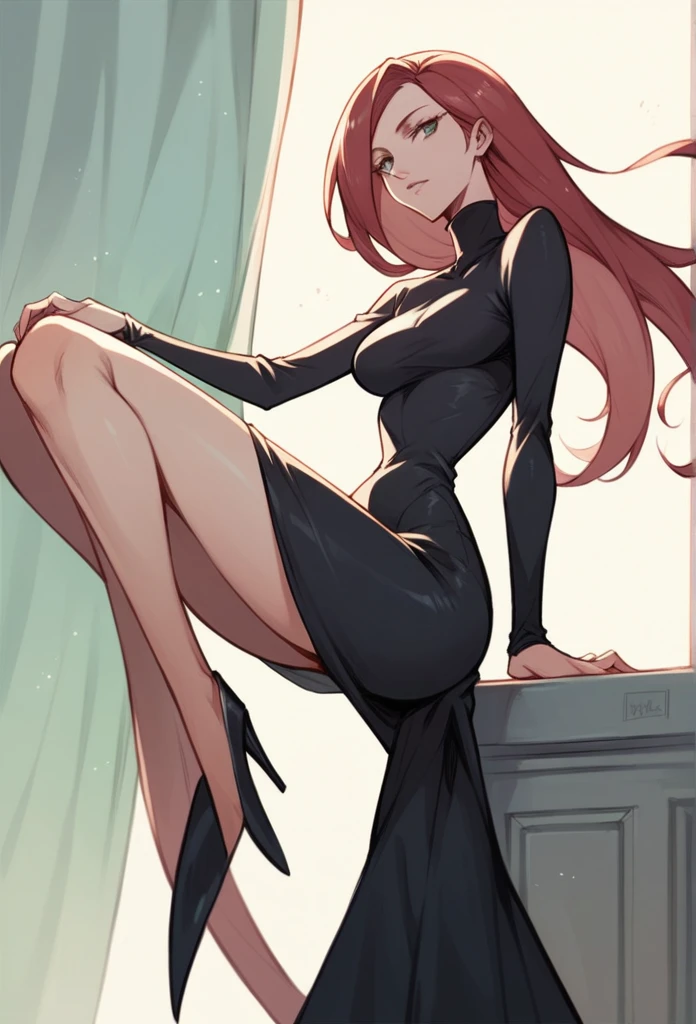 Parasoul, woman, long legs,sexy ,ck dress,very short dress, long sleeves, ultra daring dress ,high neck dress