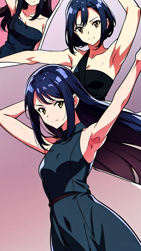 8K,high quality,anime,married woman,fair skinned,beautiful,small face,clean,bright,eye highlights,beautiful line drawing. Black hair, white skin, brown eyes, flashy black dress, sleeveless outfit, hands raised, armpits showing,Both arms raised, both armpits showing, described from head to waist,