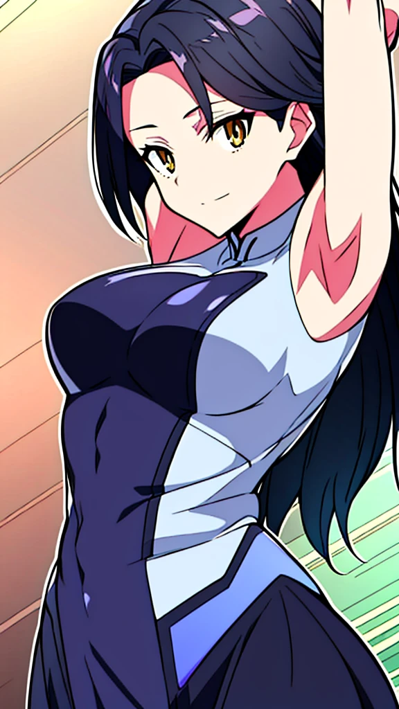 8K,high quality,anime,married woman,fair skinned,beautiful,small face,clean,bright,eye highlights,beautiful line drawing. Black hair, white skin, brown eyes, flashy black dress, sleeveless outfit, hands raised, armpits showing,Both arms raised, both armpits showing, described from head to waist,