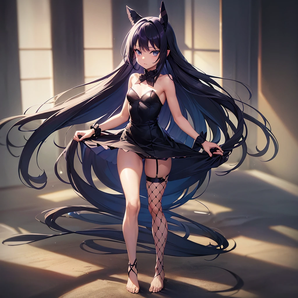 (Panty stocking),(Fishnet tights),(barefoot),Naked,Cute little ,Tiny ,Small girl,,Childish face, Very fine clean face,Top quality,Black Hair,(Dark Room), Subtle light, Natural light,Soft lighting,Light from directly behind, (Are standing),With bust up,Front view,Black background