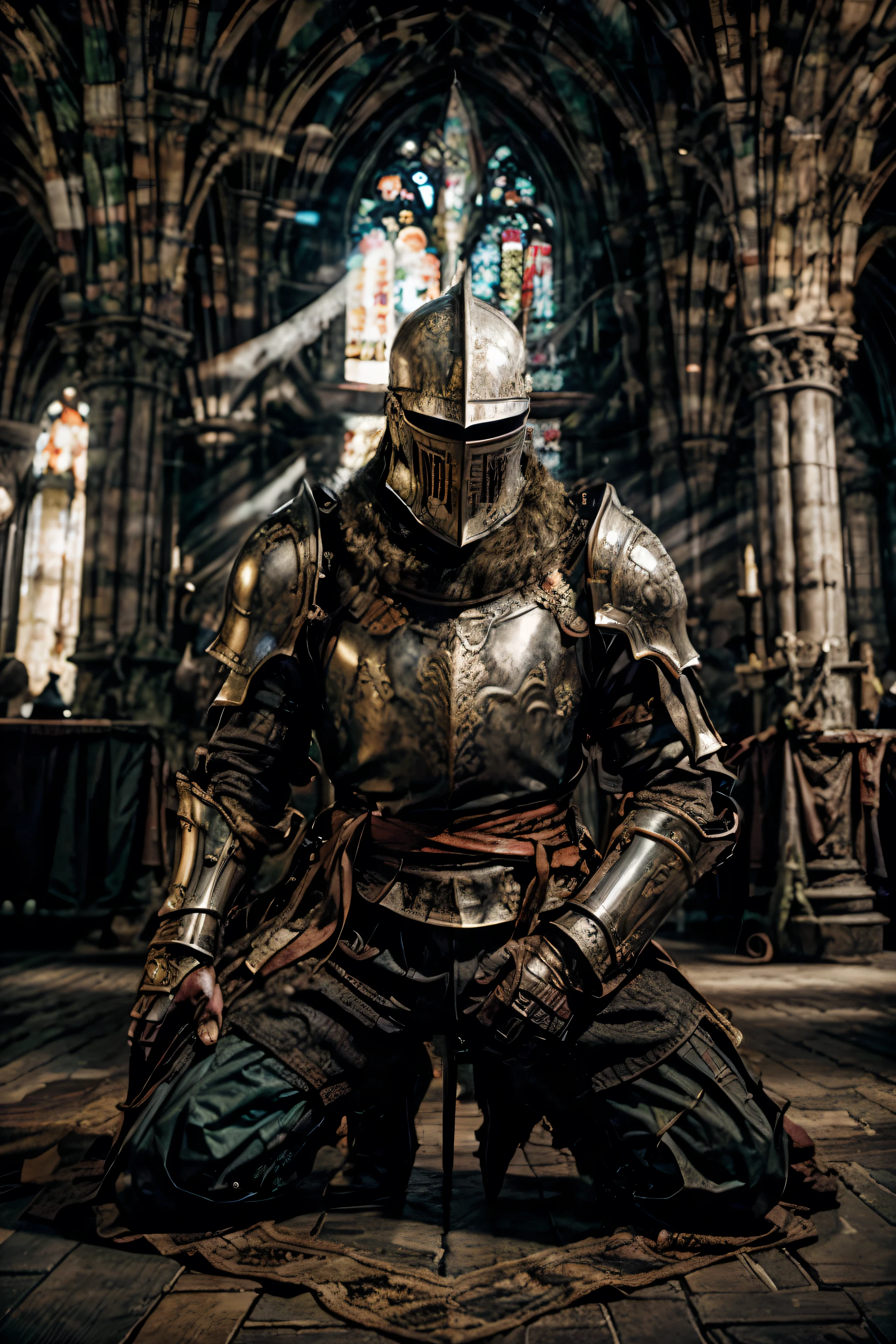 A medieval knight in shining amour, kneeling and praying at an altar in a large cathedral, dramatic backdrop, high contrast, wide angle lens, vibrant colours, wide angle, serene, thoughful, large open