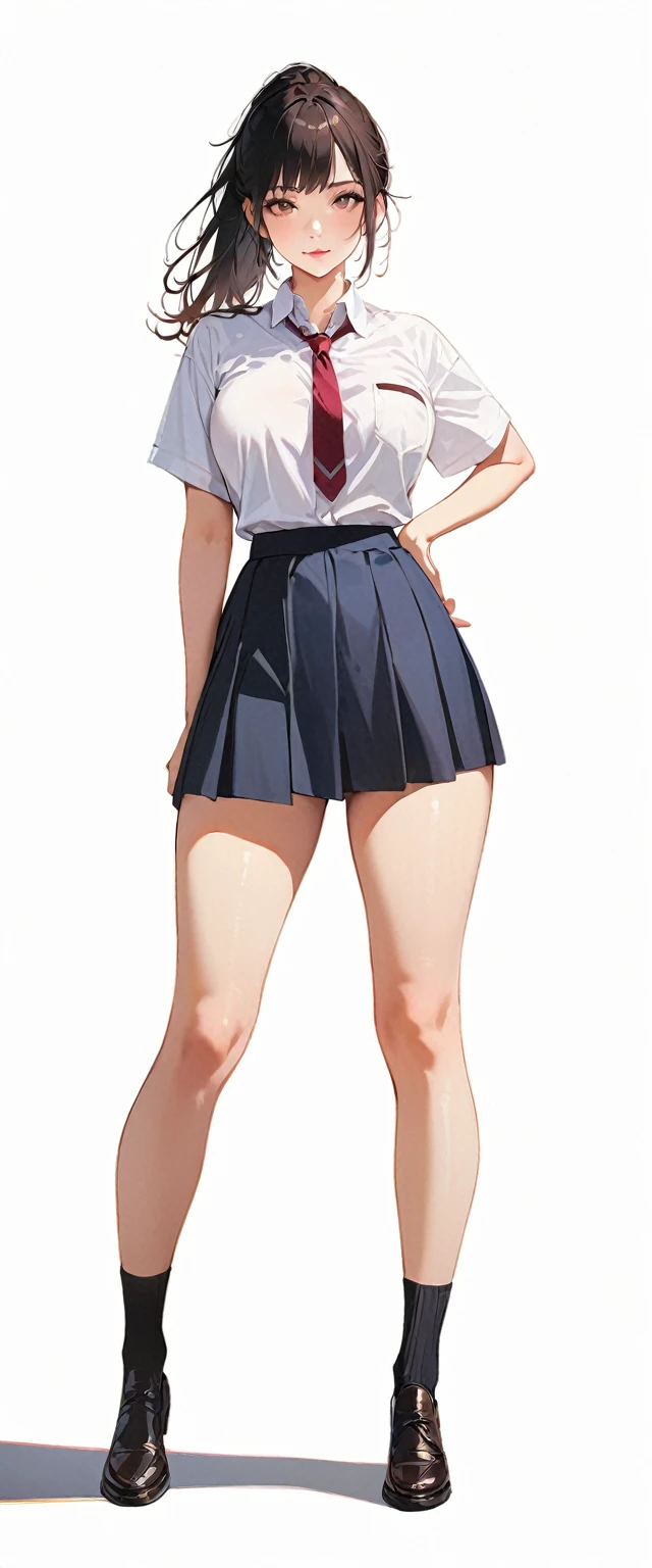 20 years old,1 mature woman,hyperrealistic, 8k, (extremely detailed 8k), (very delicate and beautiful), (masterpiece), (better quality:1.0), (ultra high resolution:1.0), (masterpiece, best quality),cute,black hair,big breasts,ponytail,POV,,full body,white background,realistic skin,looking at viewer,high school girl
