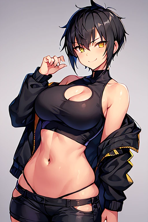 1girl, spiked hair, very short hair, yellow eyes, tan, tan skin, tan-skinned female, black hair, tomboy, pixie cut, large breasts, shirt, jacket, black jacket, short pants, shorts, hourglass figure, thick thighs, smile, smirk, smugz toned