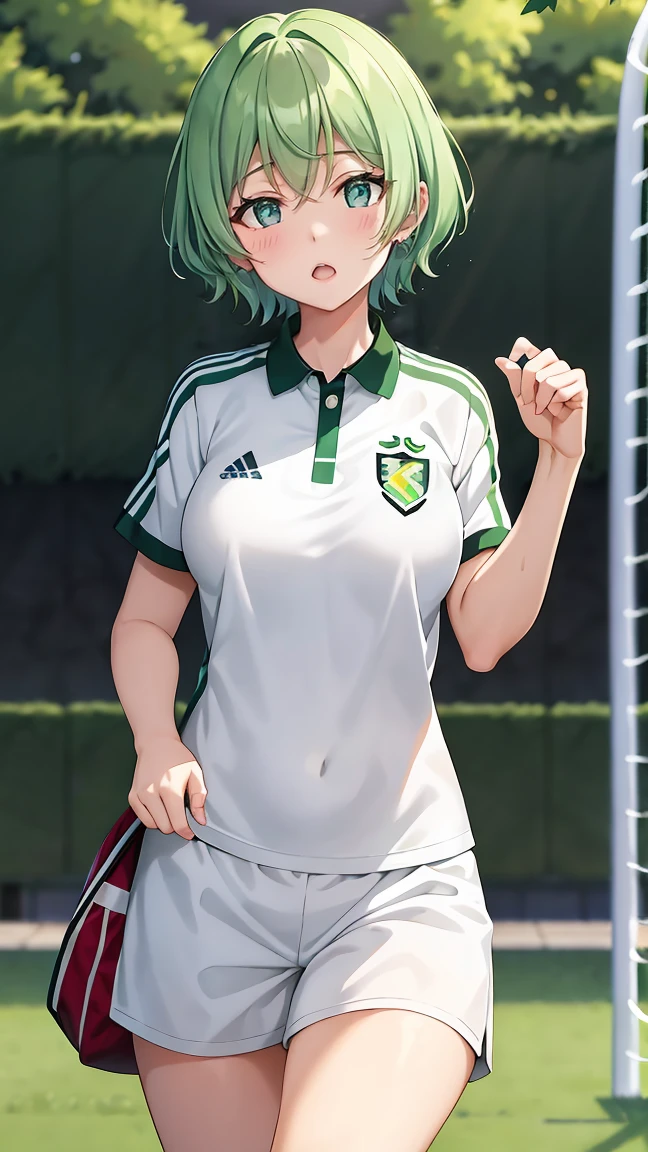 Girl with short green hair, Small size breasts,、Green Eyes, 、,Full body photo from head to toe、soccer player、Soccer uniforms、、Uplifting、Run in、Super Play、Shoot the soccer ball towards the goal、Hot Scene、Serious、