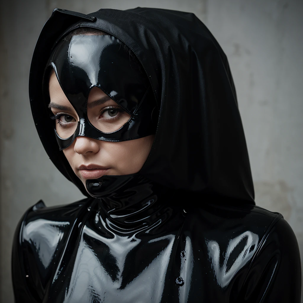 Evil black latex queen wearing latex veil
