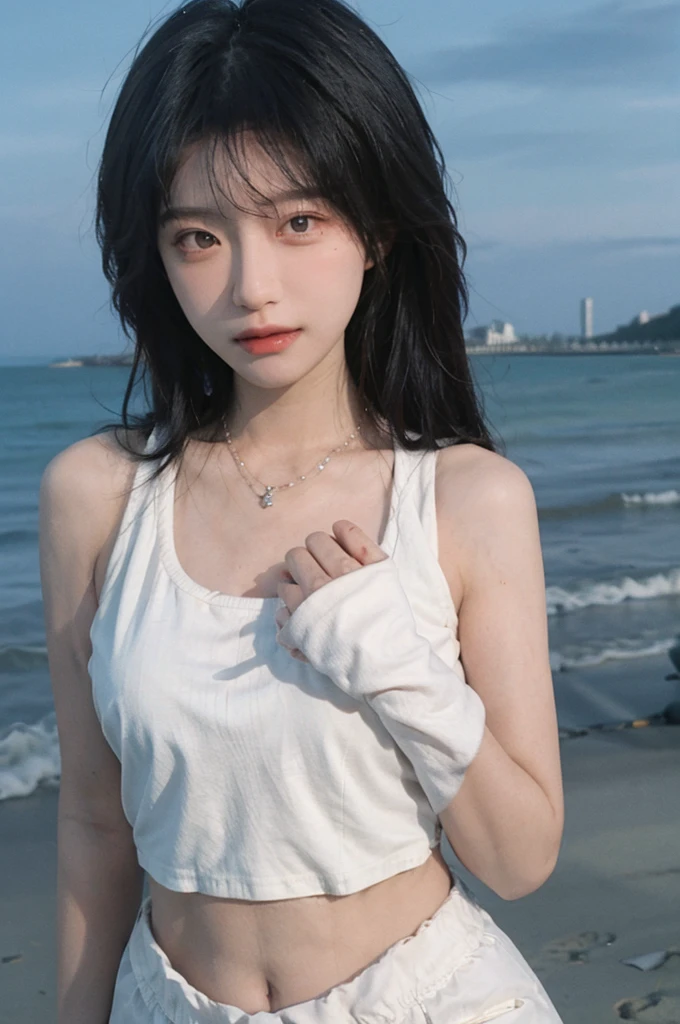 Best quality，Ultra-high resolution，（lifelike：1.4），Cute hairpin，2girll，Long curly hair，jk，Blush，Slim beauty：1.4，Visible abdominal muscles，on the beach，Ultra-fine face，Exquisite eyes，Double eyelids，necklace