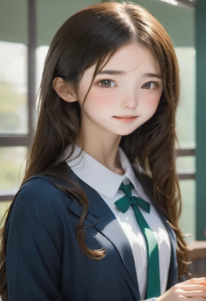 RAW Photos、Realistic、Ultra-realistic、Full body angle、(((18-year-old girl、cute、Black and brown hair)))、(((Duck mouth、Dimples、Highly detailed face and skin texture)))、(((Straight long hair)))、High School Uniform:1.37、Neat and clean 、Highest quality、masterpiece、Ultra-high resolution、8K