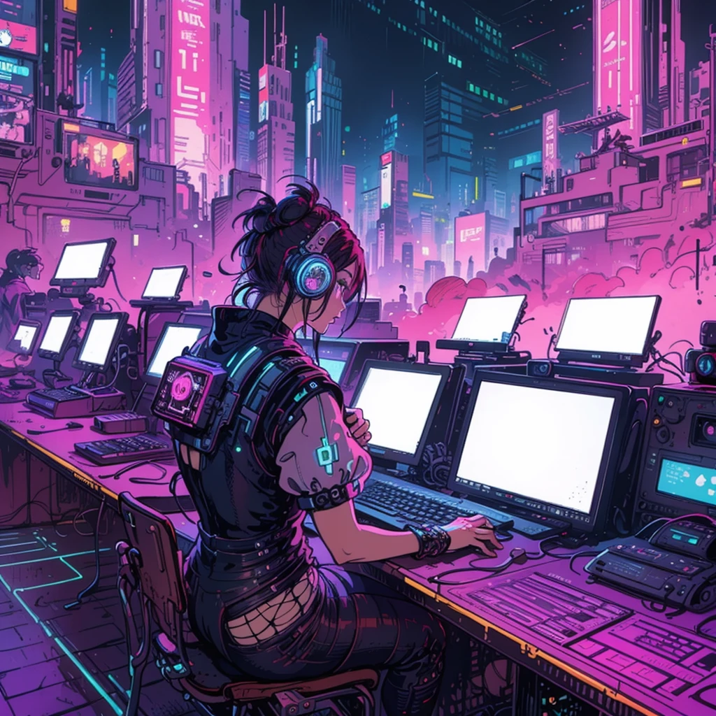 there is a woman sitting at a desk with a laptop computer, cyberpunk art style, cyberpunk artstyle, advanced digital cyberpunk art, cyberpunk vibe, cyberpunk digital art, cyberpunk pixel art, cyberpunk with neon lighting, cyberpunk vibes, cyberpunk themed art, cyberpunk aesthetic, cyberpunk vibrant colors, cyberpunk art, bright cyberpunk glow, cyber space cowboy, aesthetic cyberpunk, cyberpunk aesthetics