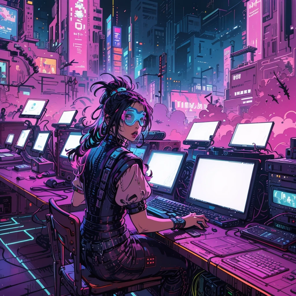 there is a woman sitting at a desk with a laptop computer, cyberpunk art style, cyberpunk artstyle, advanced digital cyberpunk art, cyberpunk vibe, cyberpunk digital art, cyberpunk pixel art, cyberpunk with neon lighting, cyberpunk vibes, cyberpunk themed art, cyberpunk aesthetic, cyberpunk vibrant colors, cyberpunk art, bright cyberpunk glow, cyber space cowboy, aesthetic cyberpunk, cyberpunk aesthetics