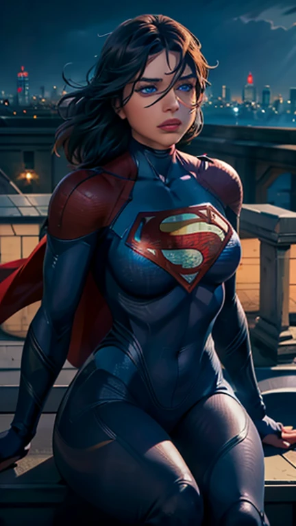 supergirl, sitting on a rooftop building, lost in deep thought, looking at the city, perfect eye, beautiful highly detailed eyes, beautiful light blue eyes, both eyes are similar, beautiful detailed lips, extremely detailed face, detailed Supergirl tight suit, tight figure, big round breasts, D cup Breasts, tight bust, dynamic pose, cinematic lighting, epic cityscape, moody atmosphere, dramatic shadows, vibrant colors, photorealistic, 8k, best quality, hyper detailed, masterpiece