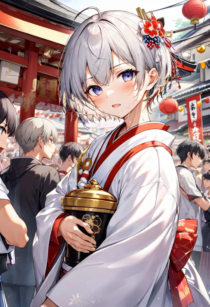 Hakata Gion Yamakasa Mikoshi (portable shrine), (Carrying the portable shrine) (a 16 yo, silver crew cut hair very short hair divine fighter boy, serious face, sweaty), in a Festival Happi Coat, Fundosi:1.3, break, in the Hakata Gion Yamakasa festival venue, BREAK, perfect anatomy, masterpiece, best quality, 16k, beautiful detailed grow, daydreaming expression.