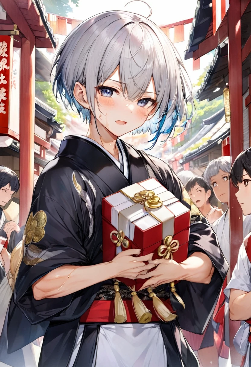 Hakata Gion Yamakasa Mikoshi (portable shrine), (Carrying the portable shrine) (a 16 yo, silver crew cut hair very short hair divine fighter boy, serious face, sweaty), in a Festival Happi Coat, Fundosi:1.3, break, in the Hakata Gion Yamakasa festival venue, BREAK, perfect anatomy, masterpiece, best quality, 16k, beautiful detailed grow, daydreaming expression.