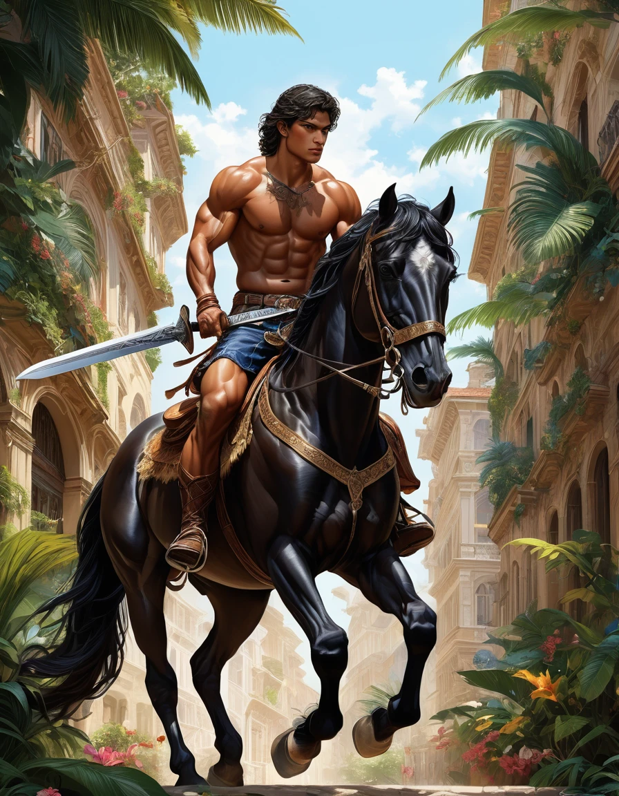 deep colors palette , simetryc composition, ultradetailed art style, oil painting, fullbody, perfect compositicion, perfect anatomy, wearing small litle shorts, dramatic, natural lighting, a young gorgeous, handsome, tall, perfect feet, latino , detailed realistic muscles, simetryc body, he is ridding a black horse and holding a sword , carring a multicolor back bag, in a downtown and jungle mix scenario