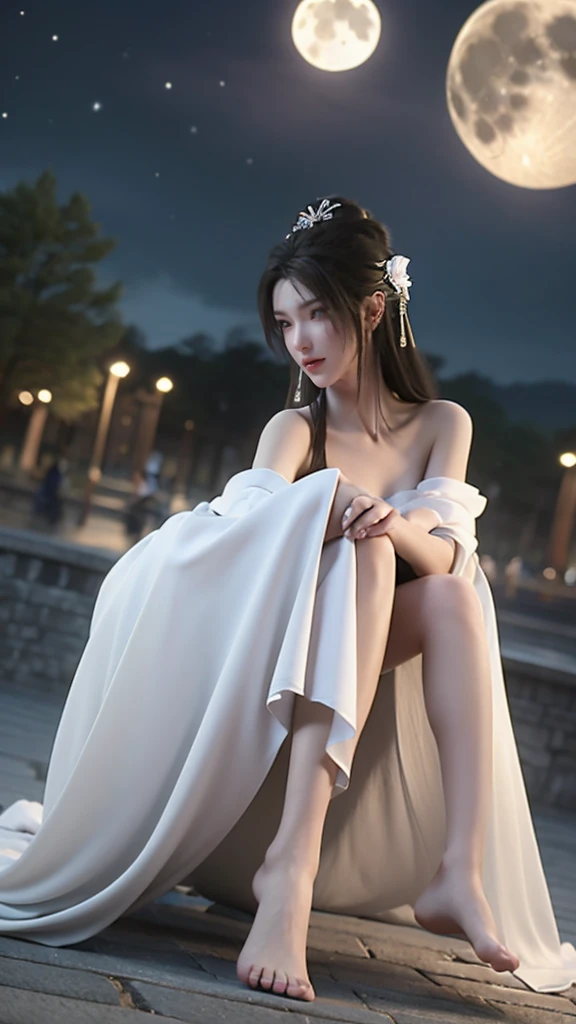 A bright moon hangs high in the night sky，The bright moonlight fills the earth。In this picturesque moonlight，An ancient girl sitting on the moon，Show off your beauty。

This girl is wearing a simple and elegant Hanfu，Long flowing skirt，It looks fairy。She has a pair of enviable long legs，Smooth leg lines，Skin as white as snow。Her feet are flawless，Like a piece of fine jade，It matches her ancient style dress。

The girl is swinging gently on the moon，The skirt dances in the wind，Like a fairy beside the moon。Her long hair flutters，With the moonlight，Add a bit of fairy spirit。The girl&#39;s eyes are as clear as a mirror，Reflecting the light of the moon，Seems to be able to see through everything in the world。

This scene is like a beautiful painting.，The ancient girl and the moon complement each other，It forms a beautiful landscape。Poetic and picturesque，It's intoxicating。