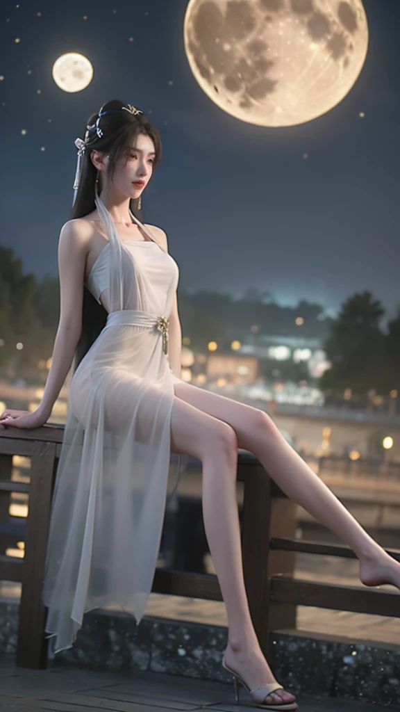 A bright moon hangs high in the night sky，The bright moonlight fills the earth。In this picturesque moonlight，An ancient girl sitting on the moon，Show off your beauty。

This girl is wearing a simple and elegant Hanfu，Long flowing skirt，It looks fairy。She has a pair of enviable long legs，Smooth leg lines，Skin as white as snow。Her feet are flawless，Like a piece of fine jade，It matches her ancient style dress。

The girl is swinging gently on the moon，The skirt dances in the wind，Like a fairy beside the moon。Her long hair flutters，With the moonlight，Add a bit of fairy spirit。The girl&#39;s eyes are as clear as a mirror，Reflecting the light of the moon，Seems to be able to see through everything in the world。

This scene is like a beautiful painting.，The ancient girl and the moon complement each other，It forms a beautiful landscape。Poetic and picturesque，It's intoxicating。