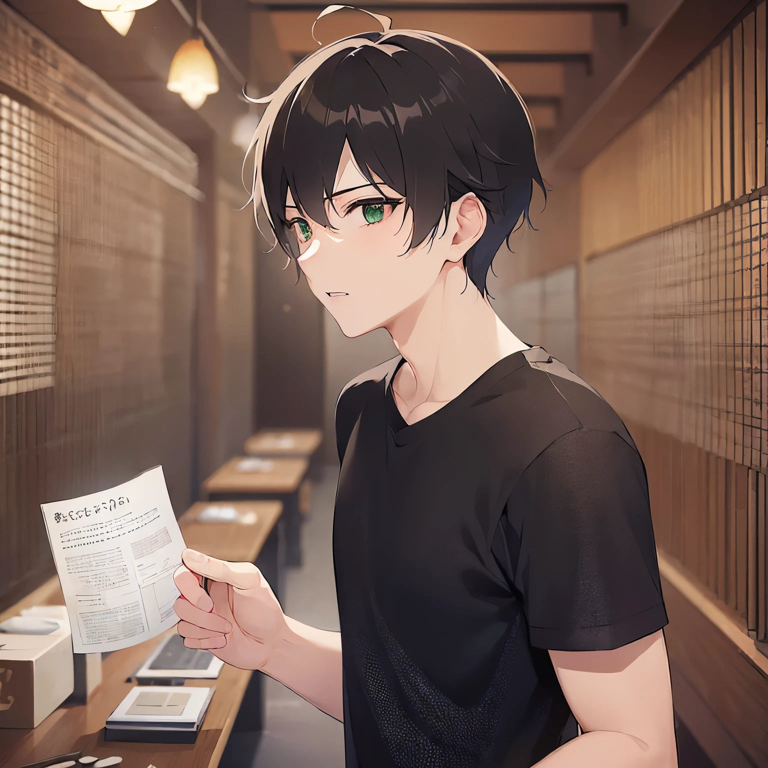 (26-year-old male:1.5)、Brown short hair、Green Eyes、nervous、BREAK(Black T-shirt)BREAK、The background is the interior of the izakaya、Alone