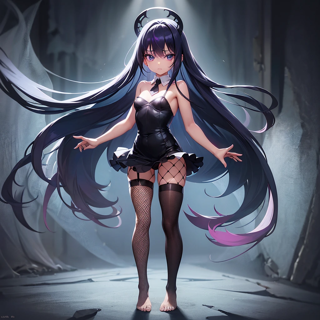 (Panty stocking),(Fishnet tights),(barefoot),Naked,Cute little ,Tiny ,Small girl,,Childish face, Very fine clean face,Top quality,Black Hair,(Dark Room), Subtle light, Natural light,Soft lighting,Light from directly behind, (Are standing),With bust up,Front view,Black background