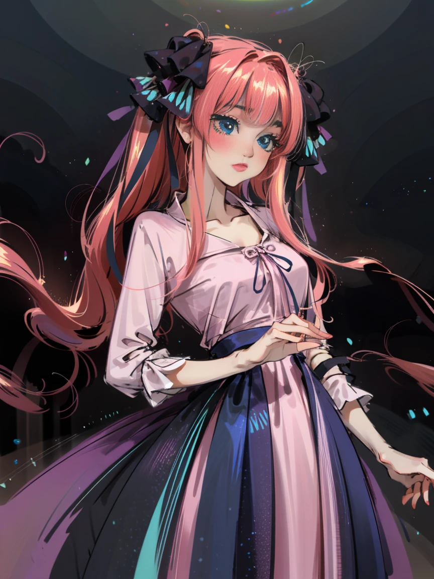 bioluminescent shiny glow, beautiful girl in flowing ballgown dress, galaxy style dress, galaxy glow, sparkling, ethereal, fluffy flowing hair, silky glistening iridescent pink hair,  nakano nino, hair ribbons, blue eyes