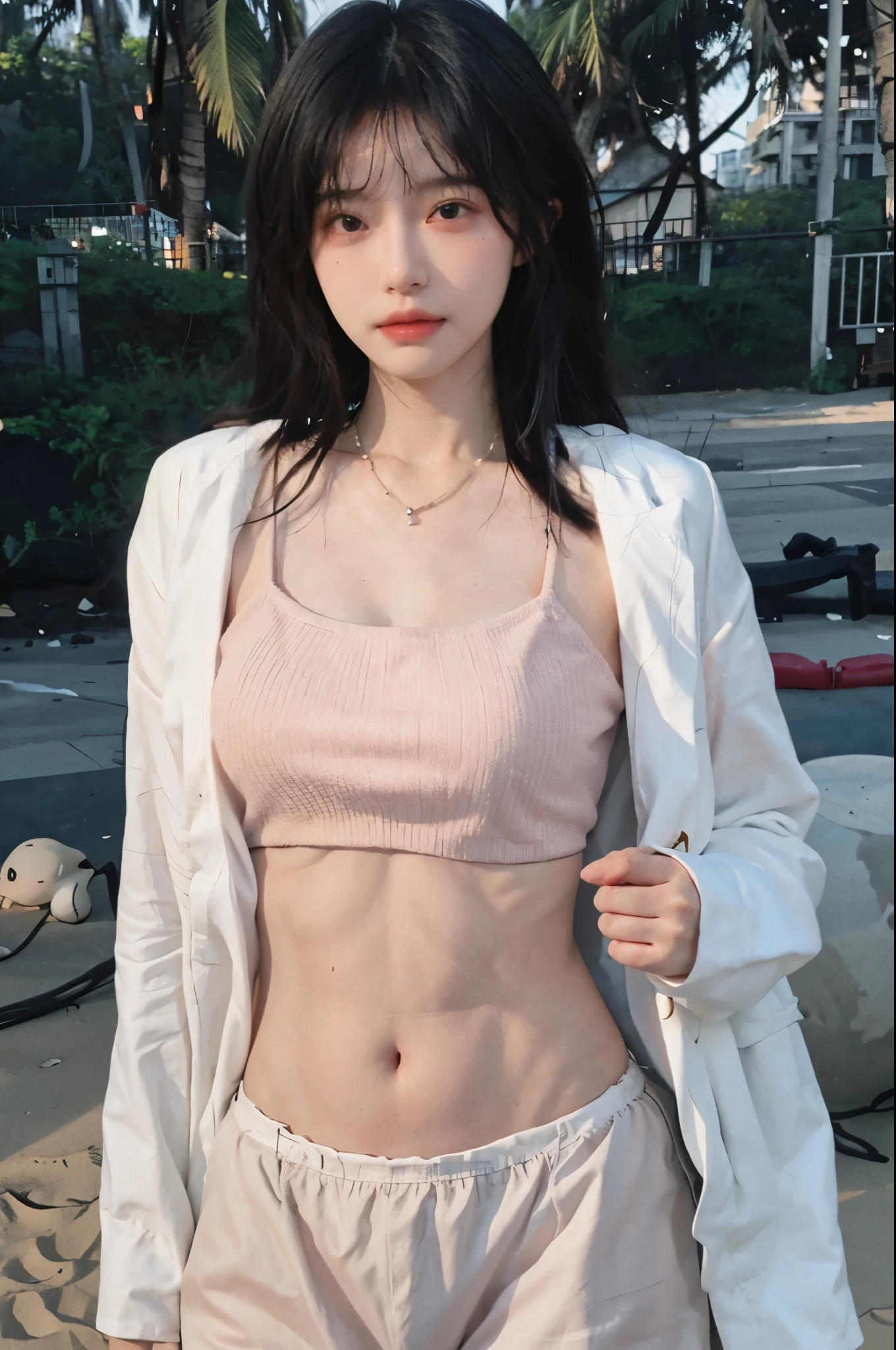 Best quality,Ultra-high resolution,(lifelike:1.4),Cute hairpin,2girll,Long curly hair,jk,Blush,Slim beauty:1.4,Visible abdominal muscles,on the beach,Ultra-fine face,Exquisite eyes,Double eyelids,necklace