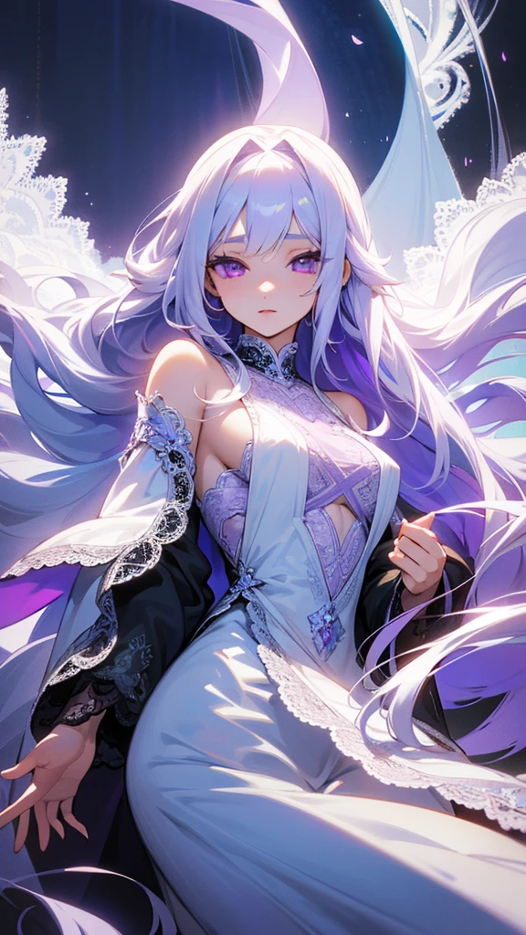 Extremely long white hair, purple eyes, dreamiest female figure, gorgeous girl. Gorgeous white strapless with beautiful lace details. a matching long vail. Untra 8k.
