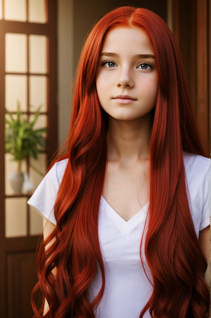 A realistic 12 year old girl with super long red hair