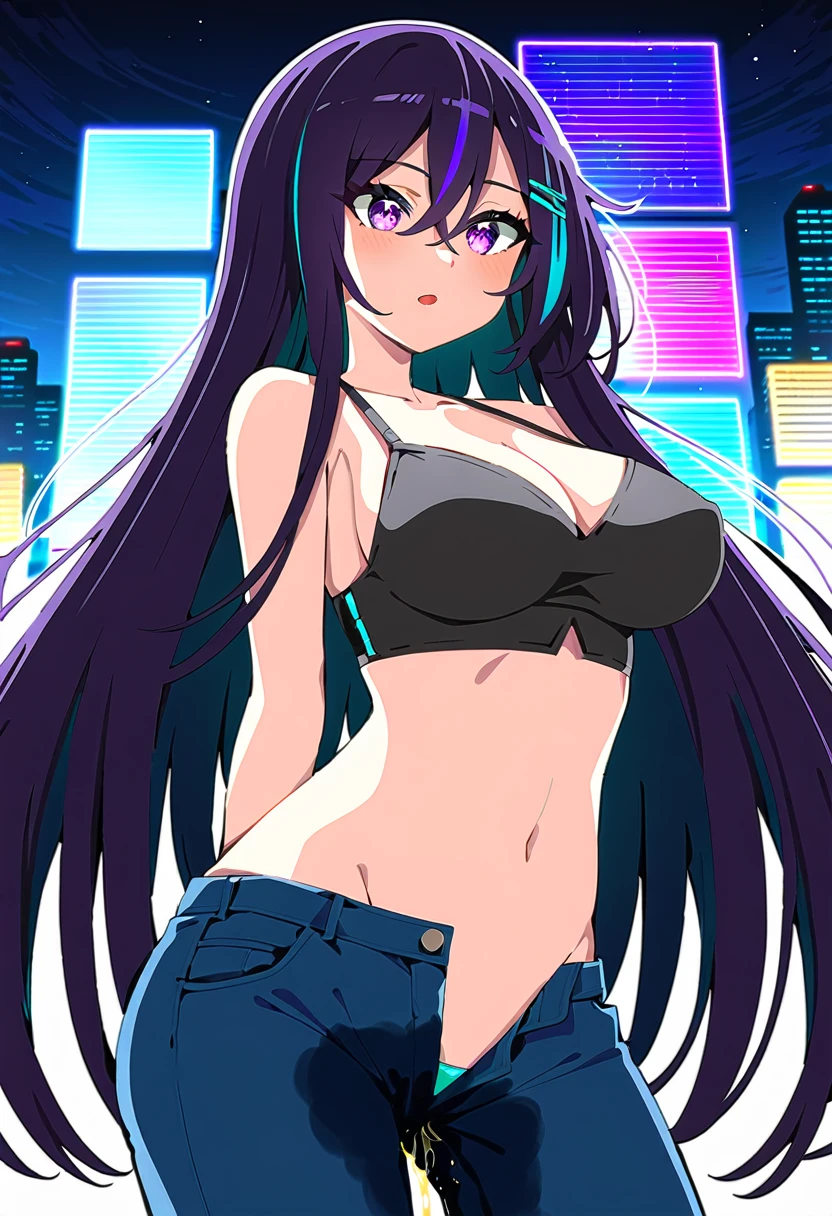 (masterpiece:1.37), best quality, (extremely detailed:1.37), woman, mature, adult, large breasts, very long hair, (straight hair:1.5), dark purple hair, purple eyes, (extremely detailed eyes:1.37), crop top, cleavage, navel, jeans, open fly, (groin:1.25), desperation, (wetting: self 3.0), standing, city, futuristic, neon lighting, high-tech, street