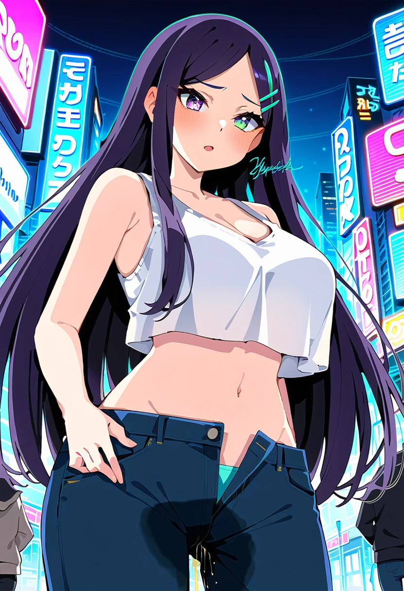 (masterpiece:1.37), best quality, (extremely detailed:1.37), woman, mature, adult, large breasts, very long hair, (straight hair:1.5), dark purple hair, purple eyes, (extremely detailed eyes:1.37), crop top, cleavage, navel, jeans, open fly, (groin:1.25), desperation, (wetting: self 3.0), standing, city, futuristic, neon lighting, high-tech, street