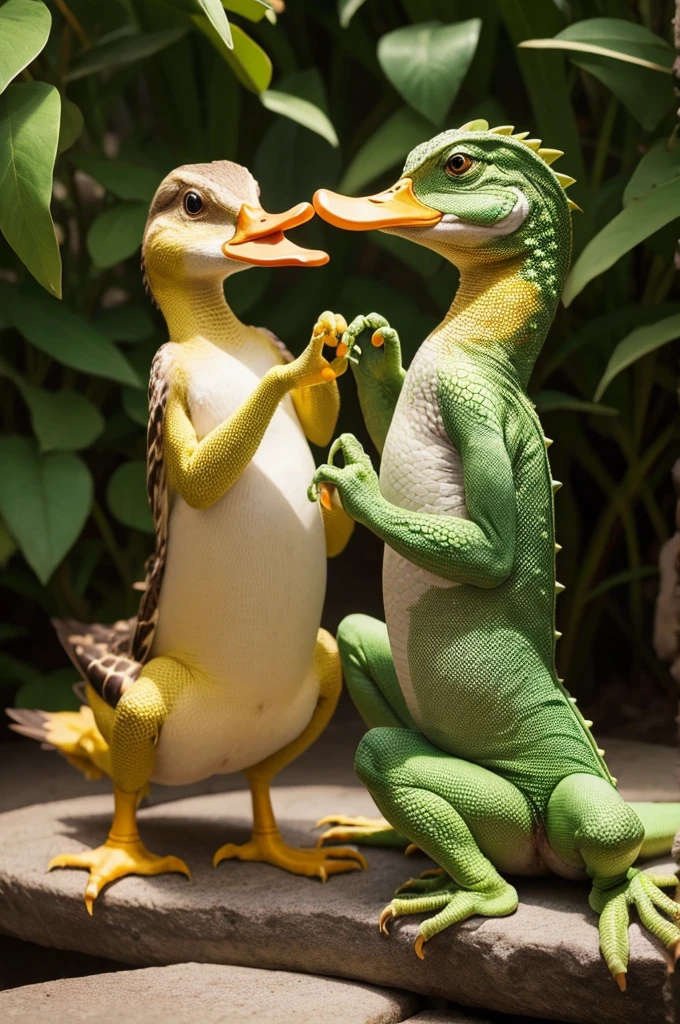 A duck and a lizard making a heart with their hands 