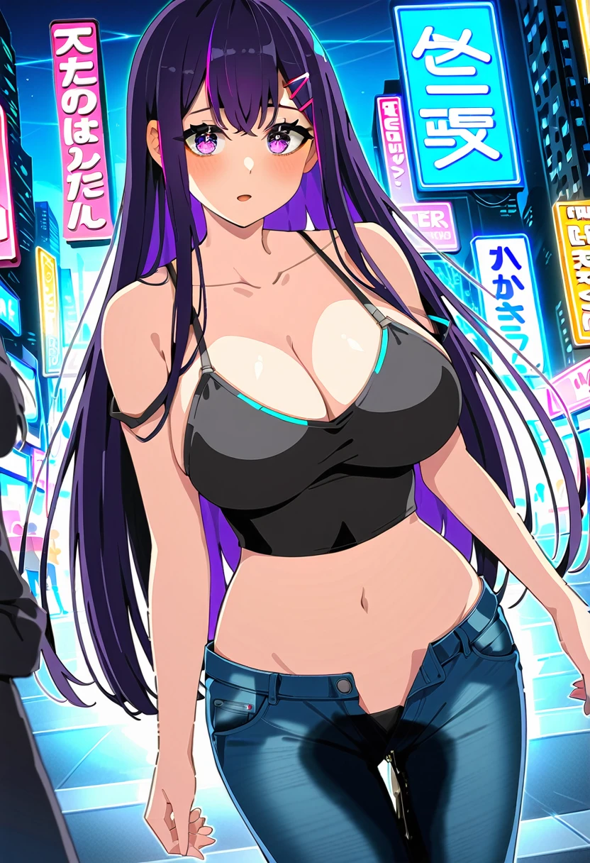 (masterpiece:1.37), best quality, (extremely detailed:1.37), woman, mature, adult, large breasts, very long hair, (straight hair:1.5), dark purple hair, purple eyes, (extremely detailed eyes:1.37), crop top, cleavage, navel, jeans, open fly, (groin:1.25), desperation, (wetting: self 3.0), standing, city, futuristic, neon lighting, high-tech, street
