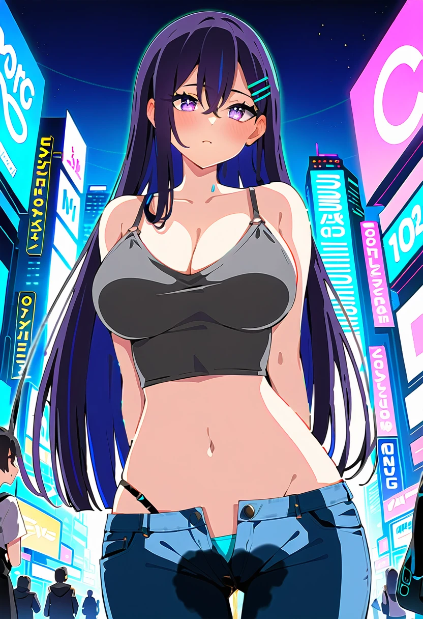 (masterpiece:1.37), best quality, (extremely detailed:1.37), woman, mature, adult, large breasts, very long hair, (straight hair:1.5), dark purple hair, purple eyes, (extremely detailed eyes:1.37), crop top, cleavage, navel, jeans, open fly, (groin:1.25), desperation, (wetting: self 3.0), standing, city, futuristic, neon lighting, high-tech, street