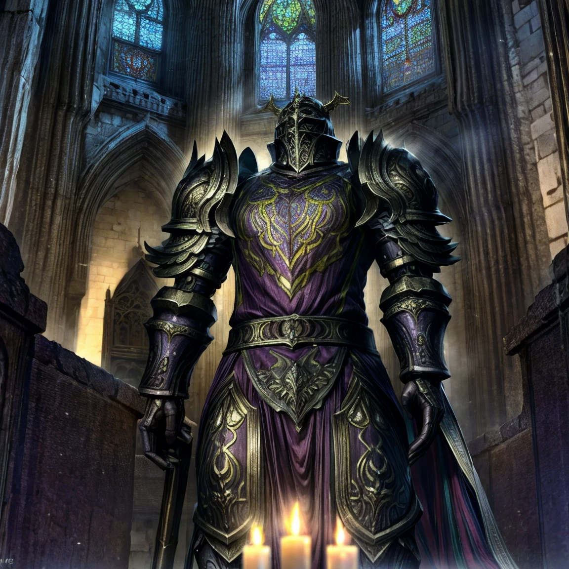 Draego,  a medieval knight in shining armor, standing in front of an altar in a large cathedral, dramatic backdrop, high contrast, wide angle lens, vibrant colors, serene, detailed intricate armor, flowing cape, determined facial expression, sunlight streaming through stained glass windows, ornate altar with candles, dramatic shadows, cinematic composition, photorealistic, 8k, hyper detailed, masterpiece