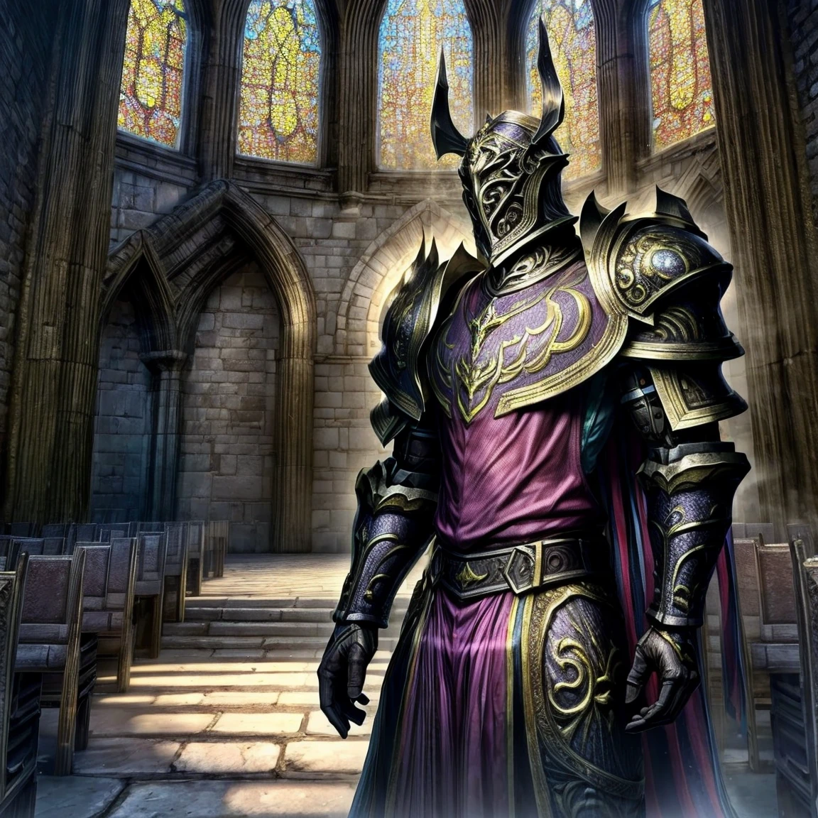 Draego,  a medieval knight in shining armor, standing in front of an altar in a large cathedral, dramatic backdrop, high contrast, wide angle lens, vibrant colors, serene, detailed intricate armor, flowing cape, determined facial expression, sunlight streaming through stained glass windows, ornate altar with candles, dramatic shadows, cinematic composition, photorealistic, 8k, hyper detailed, masterpiece