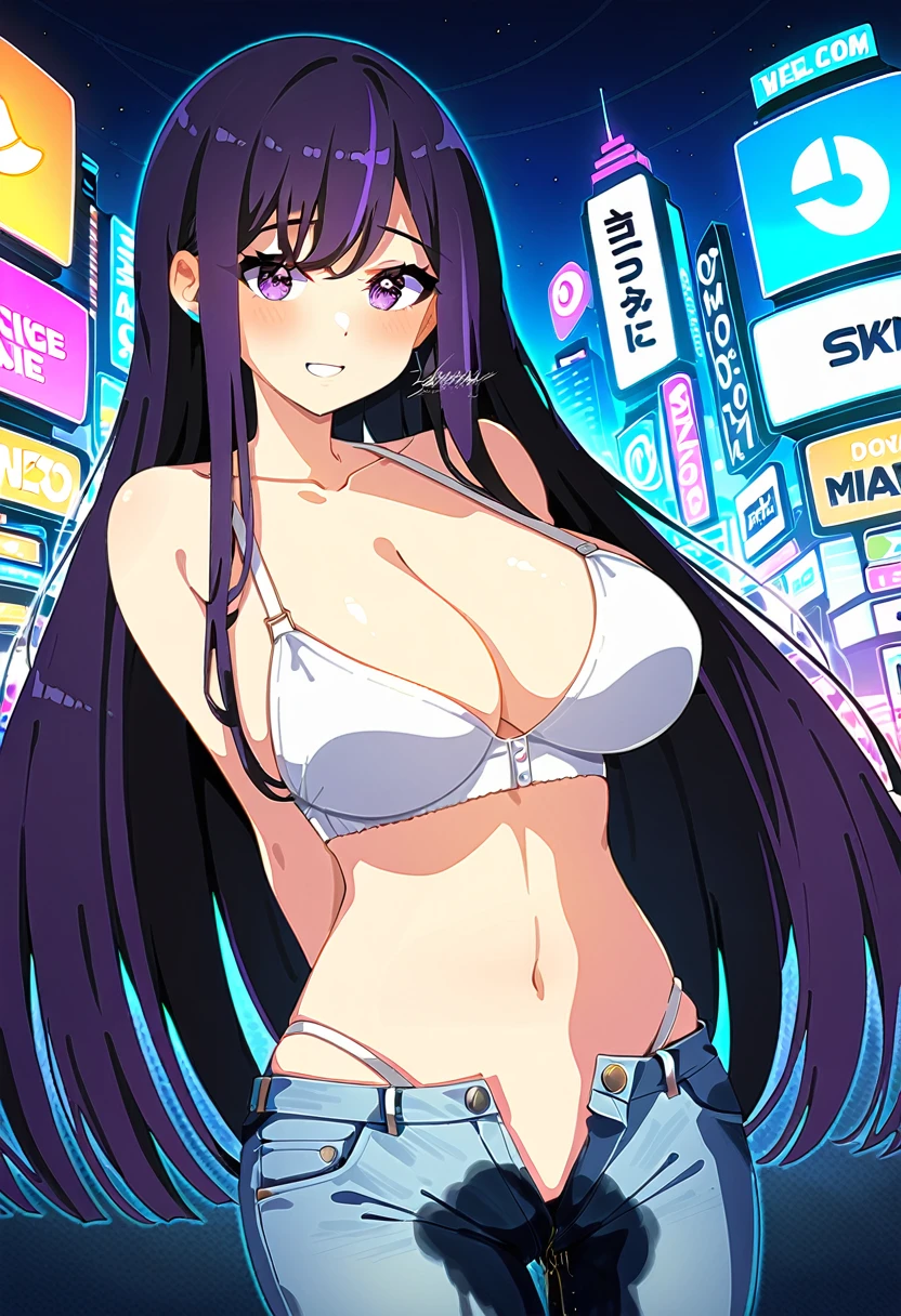 (masterpiece:1.37), best quality, (extremely detailed:1.37), woman, mature, adult, large breasts, very long hair, (straight hair:1.5), dark purple hair, purple eyes, (extremely detailed eyes:1.37), crop top, cleavage, navel, jeans, open fly, (groin:1.25), desperation, (wetting: self 3.0), standing, city, futuristic, neon lighting, high-tech, street