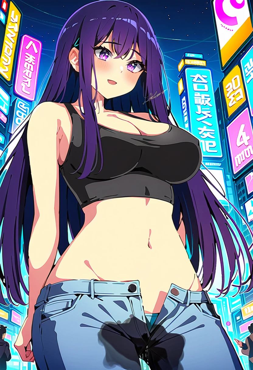 (masterpiece:1.37), best quality, (extremely detailed:1.37), woman, mature, adult, large breasts, very long hair, (straight hair:1.5), dark purple hair, purple eyes, (extremely detailed eyes:1.37), crop top, cleavage, navel, jeans, open fly, (groin:1.25), desperation, (wetting: self 3.0), standing, city, futuristic, neon lighting, high-tech, street