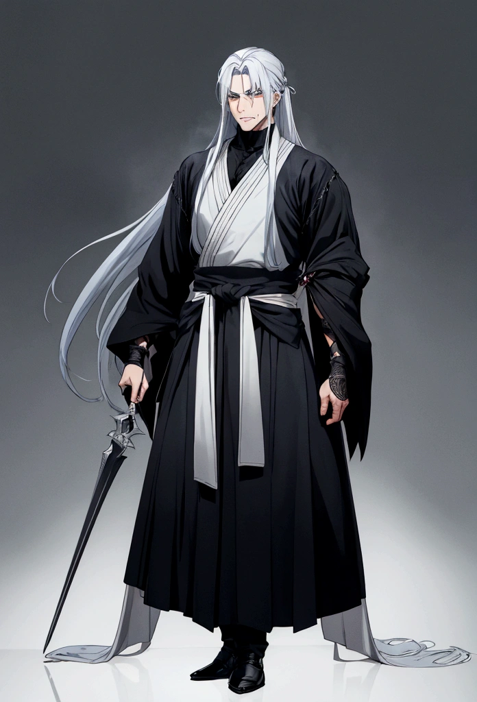 with long, disheveled silver-blue hair and cold, gray eyes. He has a slender, athletic build and a relaxed demeanor. A notable feature is his stitched mouth, along with various other stitches on his face and body, highlighting his ability to manipulate his physical form. He wears casual medieval-era clothing, including a simple, dark tunic, usually black or gray, tied with a sash around the waist, giving him a traditional look. His presence is ominous and menacing, reflecting his sinister nature. viril ciratrizes muitas no rosto