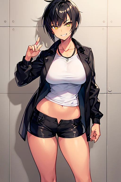 1girl, spiked hair, very short hair, yellow eyes, tan, tan skin, tan-skinned female, black hair, tomboy, pixie cut, large , shirt, jacket, black jacket, short pants, shorts, hourglass figure, thick thighs, smile, smirk, smugz toned