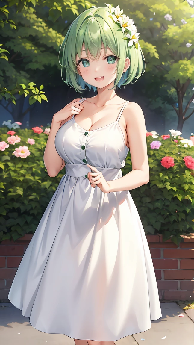 Girl with short green hair, Small size breasts, Small breasts、Green Eyes, White Casual Wear Beauty Special、(((tits))),Full body photo from head to toe、White dress、Colorful flower fields、Fluttering petals、A big smile when looking at the flowers、Uplifting