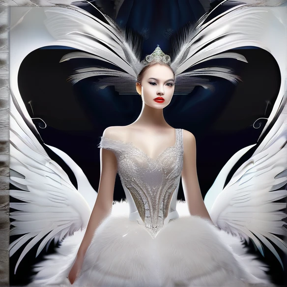 Imagine a woman in a sexy luxury dress, with the head of a white swan animal
