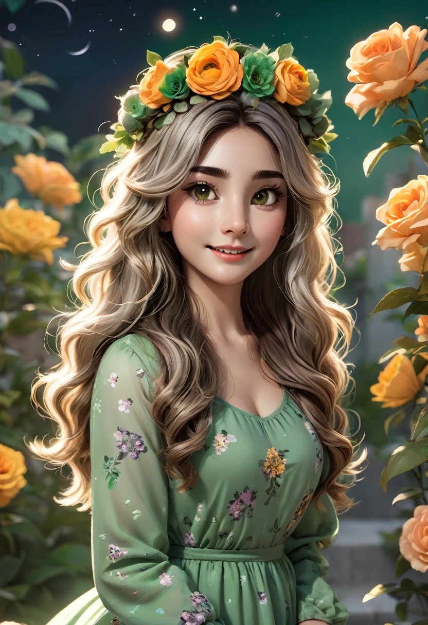 Lily is a kind and gentle snow leopard who likes to care for the flowers. She wears a green dress that matches her nature, and has a flower crown in her long and wavy hair. She is standing on a moonlit terrace and looking happy, as she smells the fragrance of the roses. She has beautiful brown eyes that look at you with tenderness and gratitude. She is an innocent girl and your blossom