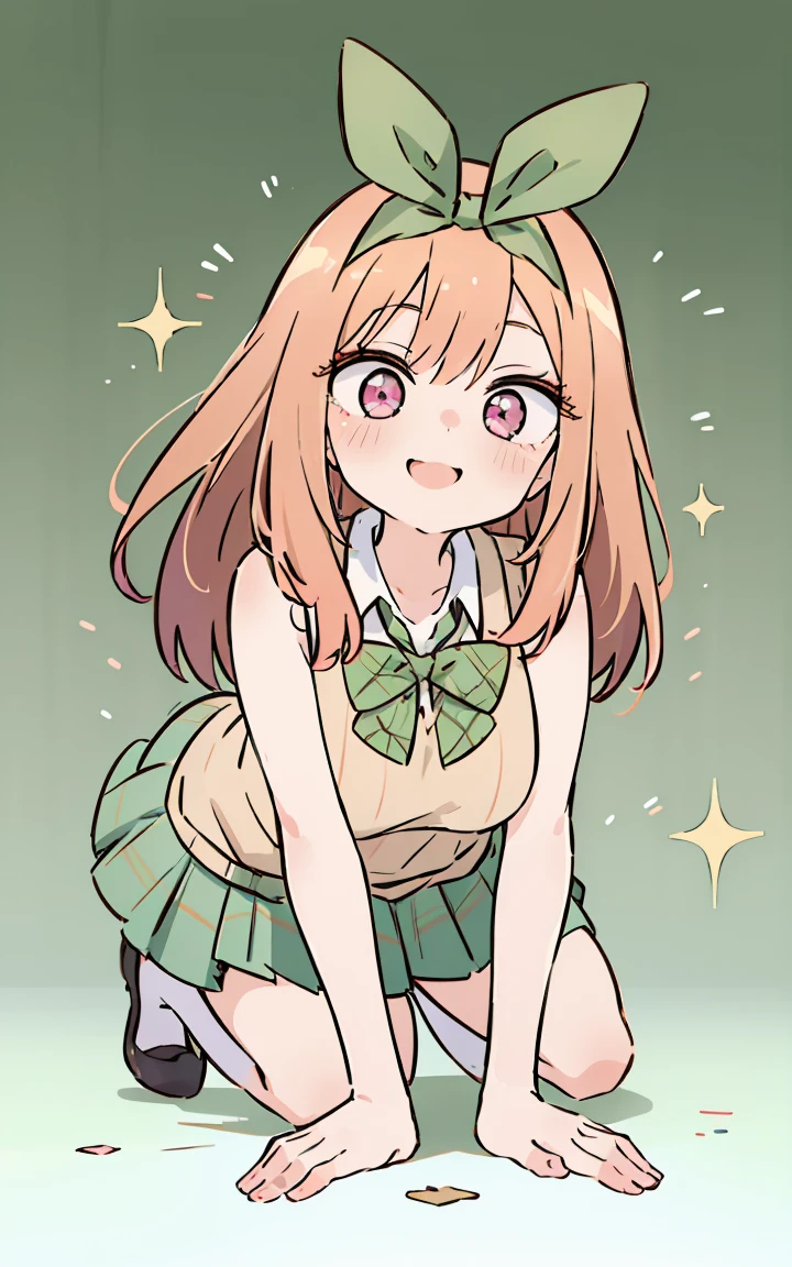 Marin kitagawa, long hair,  marin ressed up as Yotsuba Nakano, long blonde hair with pink ends, sparkling pink eyes, sweet face, cheery, playful happy face, lovely, 4k, perfect quality, excellent fusion, excellent character design, green ribbon, sleeveless yellow sweater, collared white short sleeved shirt, green bow tie, green pleated skirt, bright colors, pastel coloured image, vivid colours, light colours, simple background, magic hill background, splendid nature, natural light, daylight, full body, full shot, dinamic pose, extremely detailed, clean lineart, neat, smile