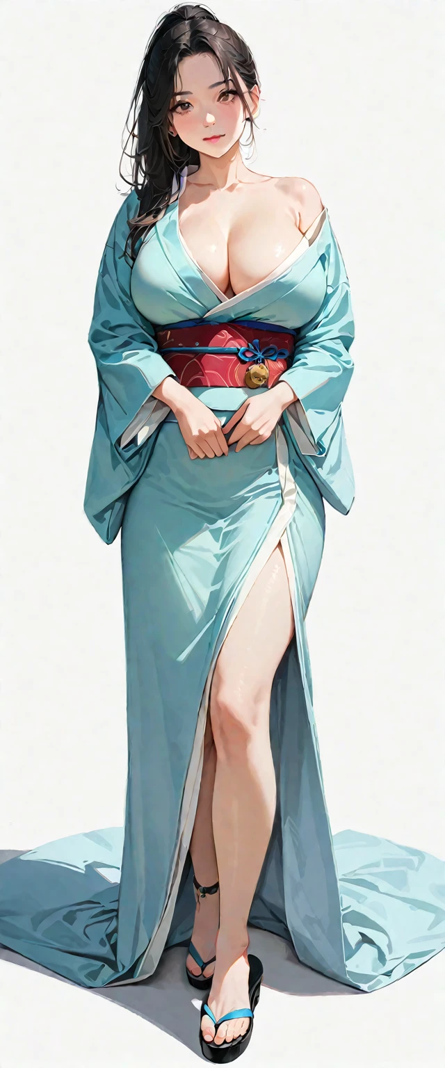 20 years old,1 mature woman,hyperrealistic, 8k, (extremely detailed 8k), (very delicate and beautiful), (masterpiece), (better quality:1.0), (ultra high resolution:1.0), (masterpiece, best quality),cute,black hair,big breasts,ponytail,POV,,full body,white background,realistic skin,looking at viewer,kimono