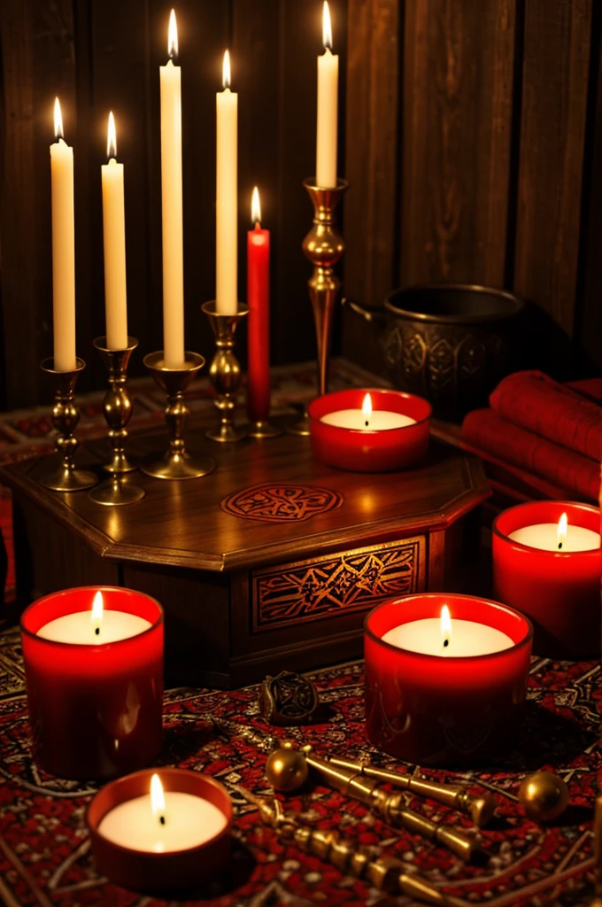 Mooring altar with red candles and tarot objects 