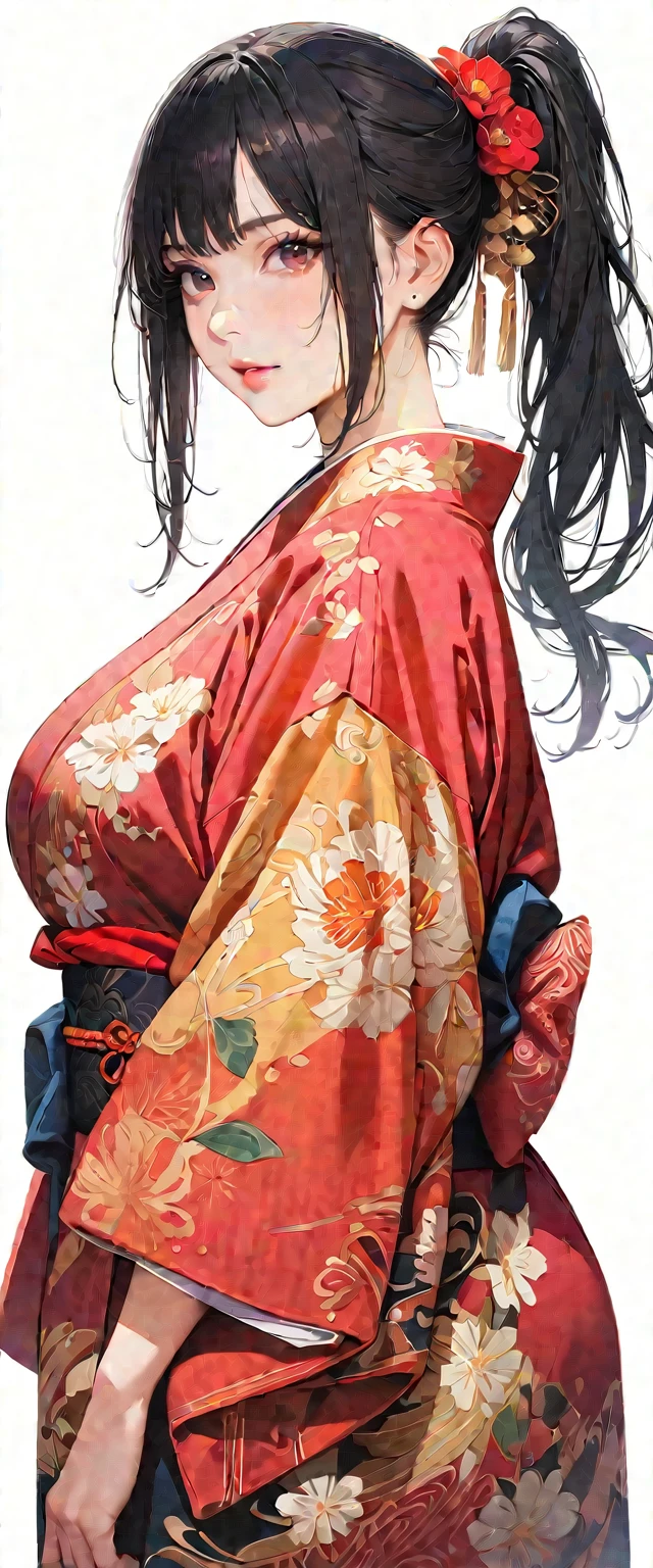 20 years old,1 mature woman,hyperrealistic, 8k, (extremely detailed 8k), (very delicate and beautiful), (masterpiece), (better quality:1.0), (ultra high resolution:1.0), (masterpiece, best quality),cute,black hair,big breasts,ponytail,POV,,full body,white background,realistic skin,looking at viewer,kimono