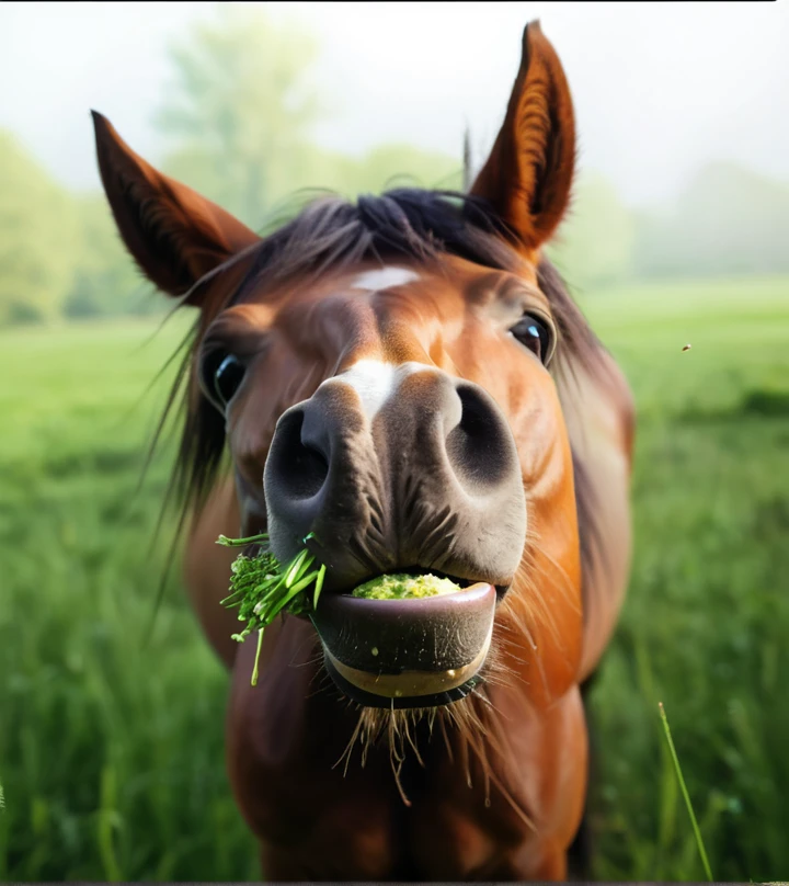 there is a horse, who eats grass in the field, painting by Alexander Deineka, winner of the shutterstock competition, Renaissance, horse whiskers, Green mane, chewing, horse head animal fusion, Straight nose!!!, a beautiful horse, have a snack, Straight nose!!!!!, licking