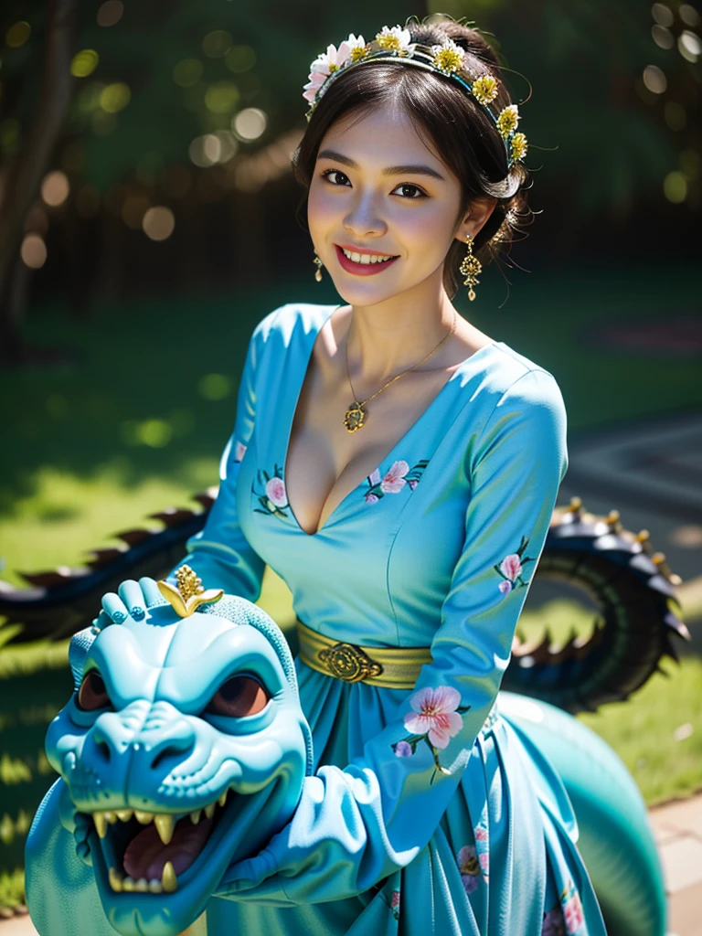 in the morning of hill, 1 Smile Girl Ride a dragon, Solo, Turning Head, parted lip, 8K, Best quality,High quality deep V dress, Masterpiece,rich facial texture, full bodyesbian, beautiful pendant, , jewelry, Earrings, cleavage, Floral_print, Long_Sleeves,flower headpiece,Sexy pose, Hair_flower, sash,