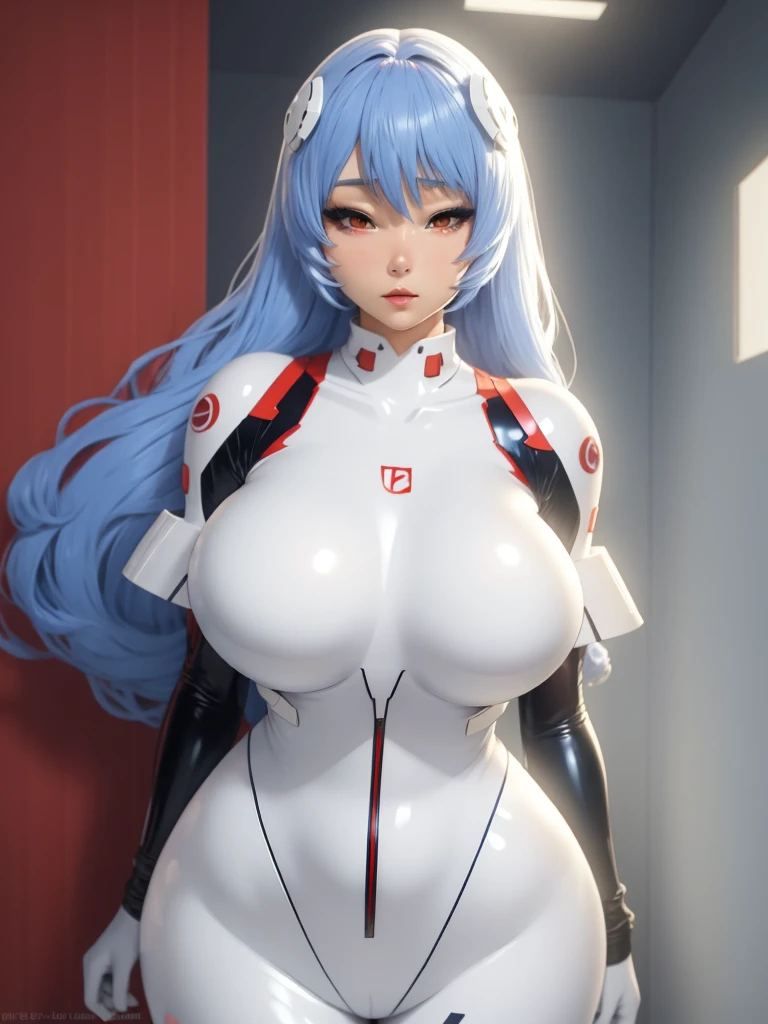 Ayanami rei red eyes, blue hair.huge breasts. Straight hairstyle ,bbw. bbw. White Latex Sexy Swinsuit