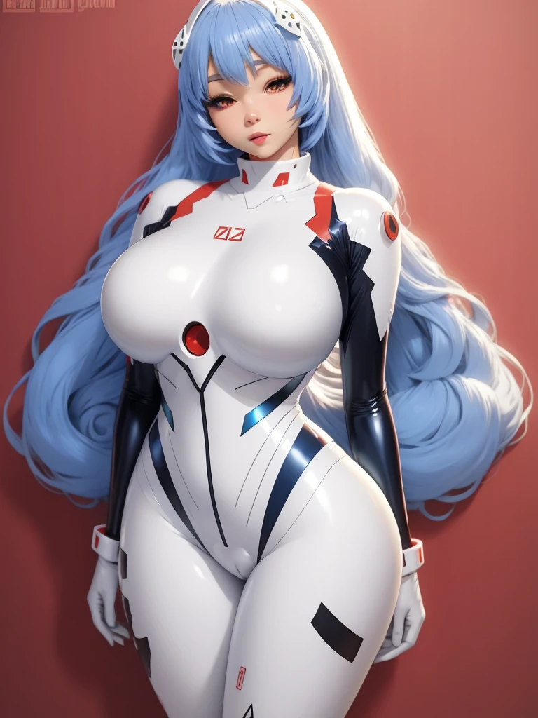 Ayanami rei red eyes, blue hair.huge breasts. Straight hairstyle ,bbw. bbw. White Latex Sexy Swinsuit
