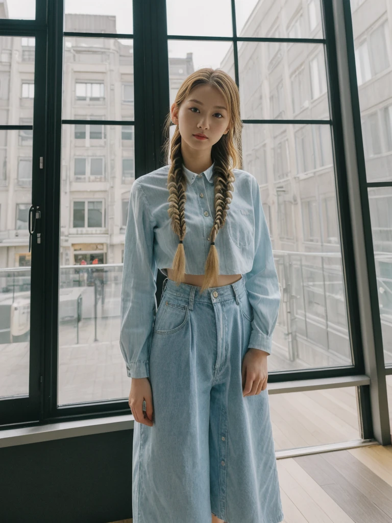 her name is Asako, high quality, 1girl, ((20-year-old fit Caucasian woman)), ((20 years old)), ((slim)), ((Fishtail Braid hair)), pose: standing, wearing edgy Generation-Z modern wear bright colored, BACKGROUND:Inside the Van Gogh Museum, surrounded by the artist’s masterpieces