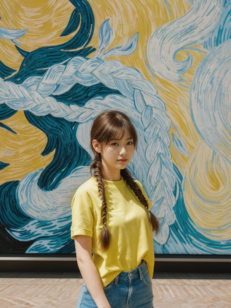 her name is Asako, high quality, 1girl, ((20-year-old fit Caucasian woman)), ((20 years old)), ((slim)), ((Fishtail Braid hair)), pose: standing, wearing edgy Generation-Z modern wear bright colored, BACKGROUND:Inside the Van Gogh Museum, surrounded by the artist’s masterpieces